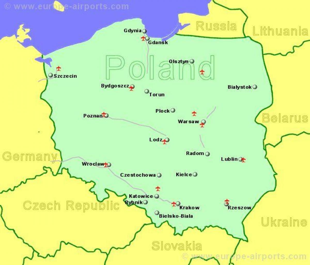 خريطة بولندا عرض المطارات